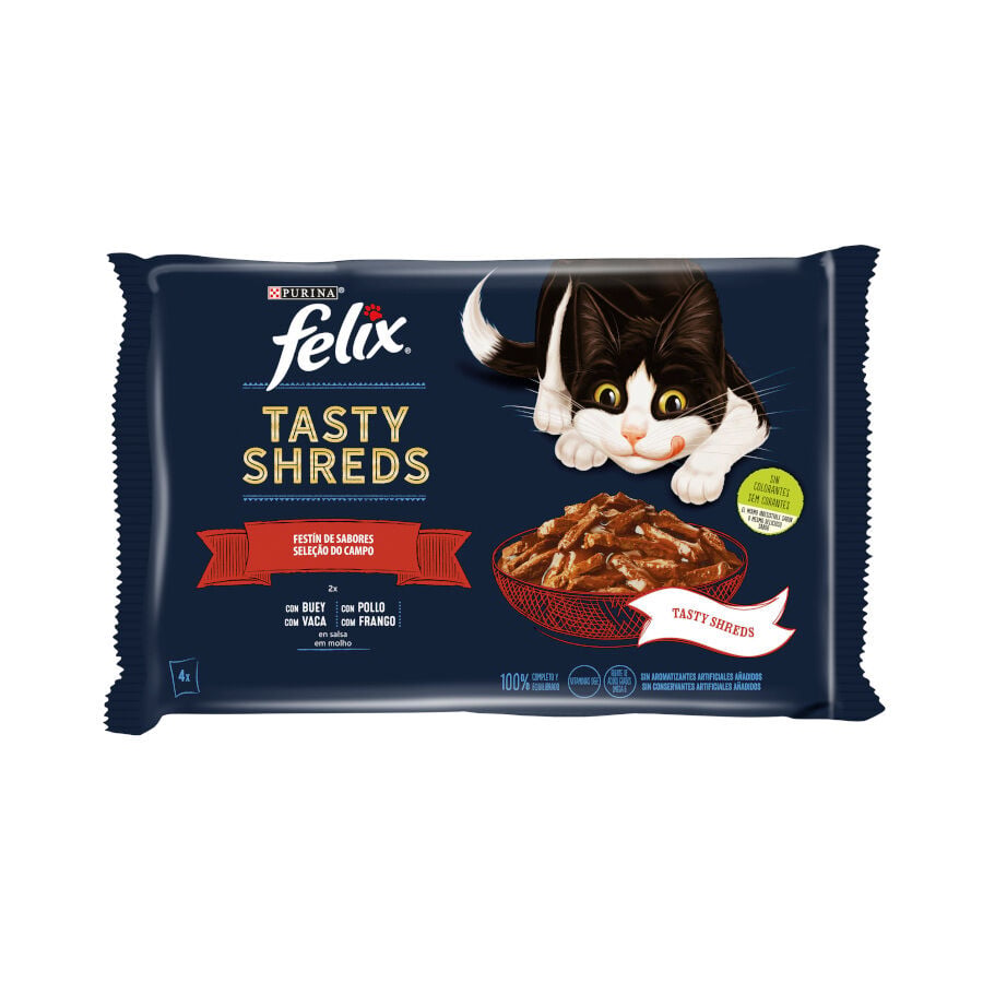 4 sobres x 80 g Felix Tasty Shreds Fest&iacute;n de Sabores Filetes en Salsa sobre para gatos, , large Imagen numero 1