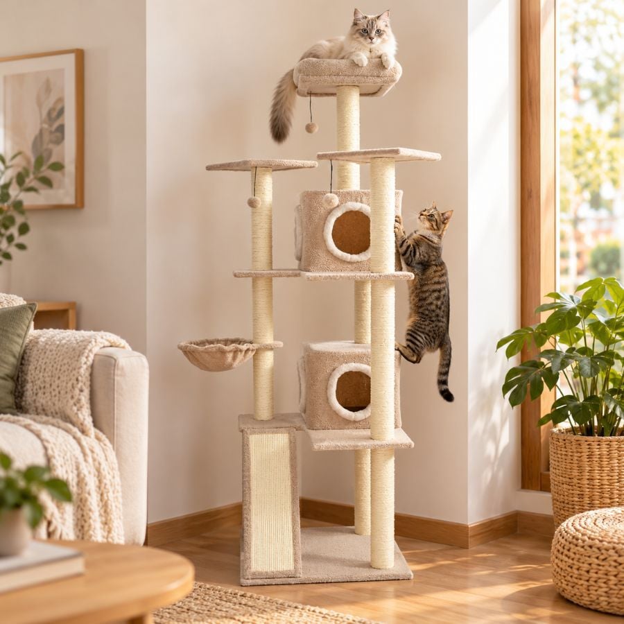 Leeby Boucle Collection &Aacute;rbol rascador con camas y juguetes para gatos