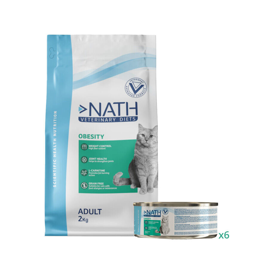 2 kg + 6 latas x 200 g Pack Nath Obesity - pienso y comida h&uacute;meda para gato, , large Imagen numero 1