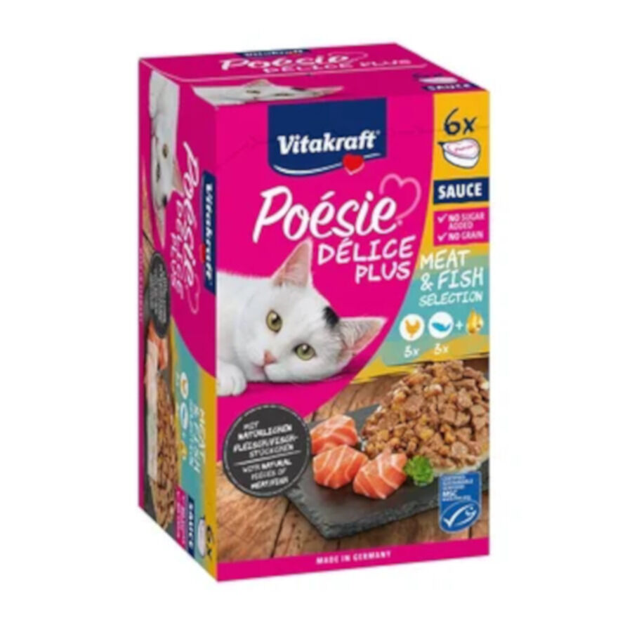 6 sobres x 85 g Vitakraft Po&eacute;sie Delice plus Pollo y Salm&oacute;n Tarrina en Salsa para gatos, , large Imagen numero 1