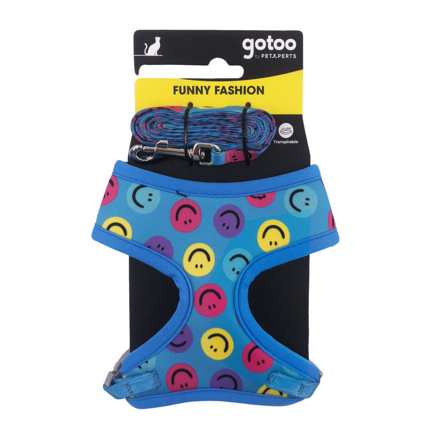 Gotoo Correa y arn&eacute;s estampado smile azul para gatos , , large Imagen numero 7
