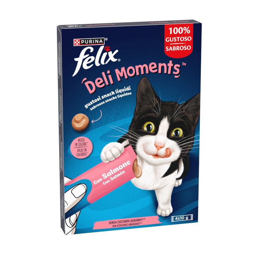 4 sobres x 10 g Purina Felix Deli Moments con Zalmon Snack l&iacute;quido para gatos, , large indicador imagen numero 1