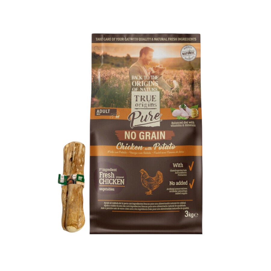 True Origins Pienso Mini Adult Pollo 3 kg + Palo de Caf&eacute;  XS Natural para perros &iexcl;Pack Ahorro!, , large Imagen numero 1