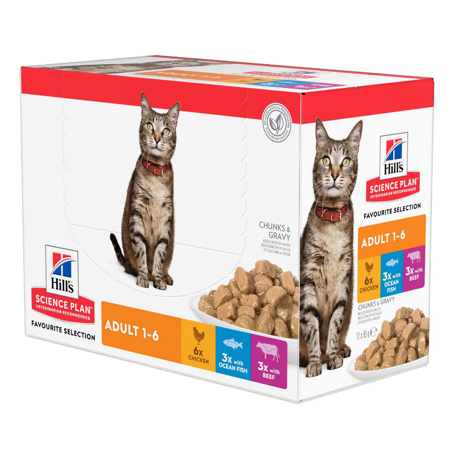 12 sobres x 85 g Hill's Science Plan Adult Pollo, Pescado Azul y Vacuno en Salsa sobre para gatos, , large Imagen numero 1