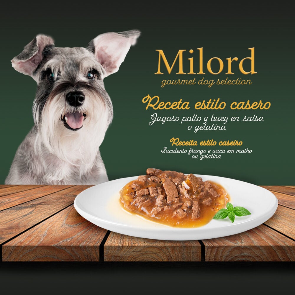 4 sobres x 100 g Milord Adult Receta estilo casero en Gelatina con Pollo y Buey sobres para perros , , large indicador imagen numero 2