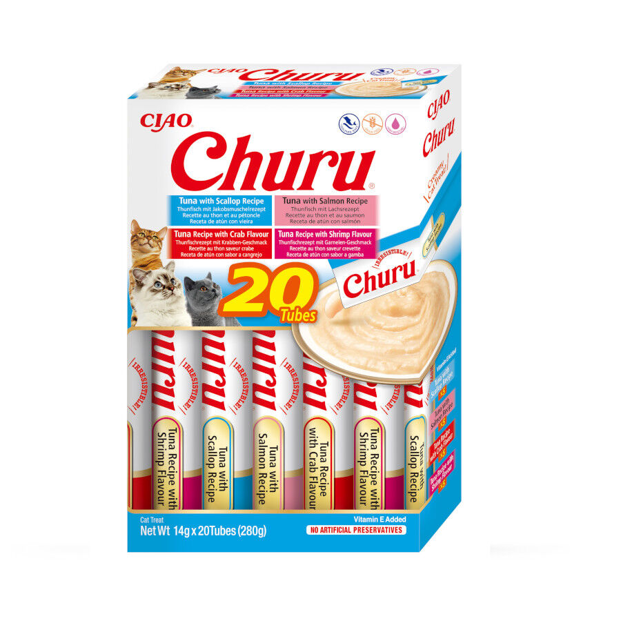 Churu Snack L&iacute;quido Variedades de At&uacute;n con Marisco para gatos