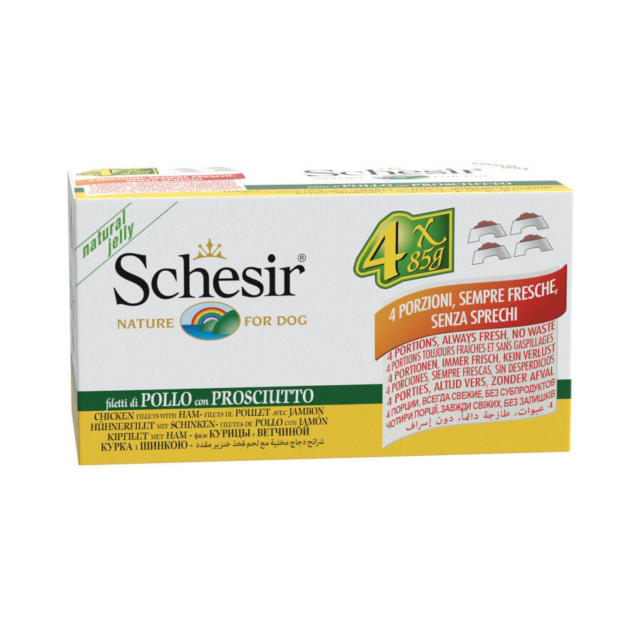4 latas x 85 g Schesir Adult pollo con jam&oacute;n lata para perros, , large Imagen numero 1