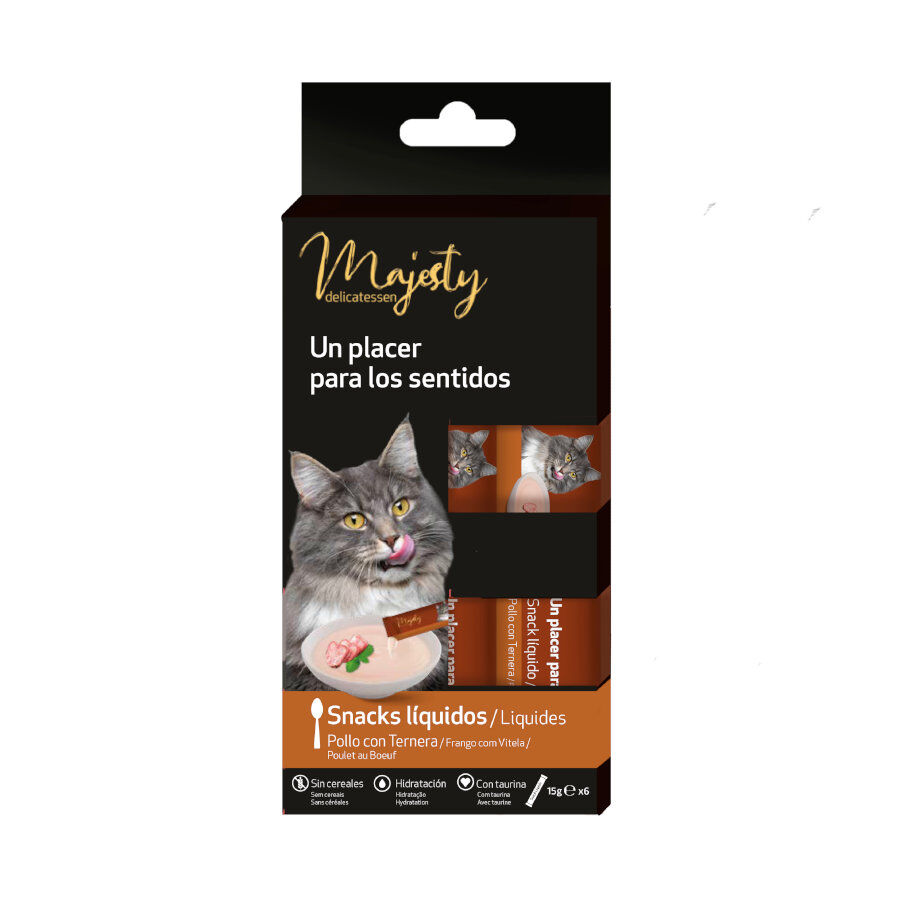 6 sobres x 15 g Majesty Pollo con Ternera snack l&iacute;quido para gatos, , large indicador imagen numero 2