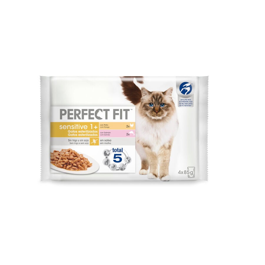 4 sobres x 85 g Perfect Fit Adult Sensitive Sterelized Pollo y Salm&oacute;n sobre en salsa para gatos, , large indicador imagen numero 1