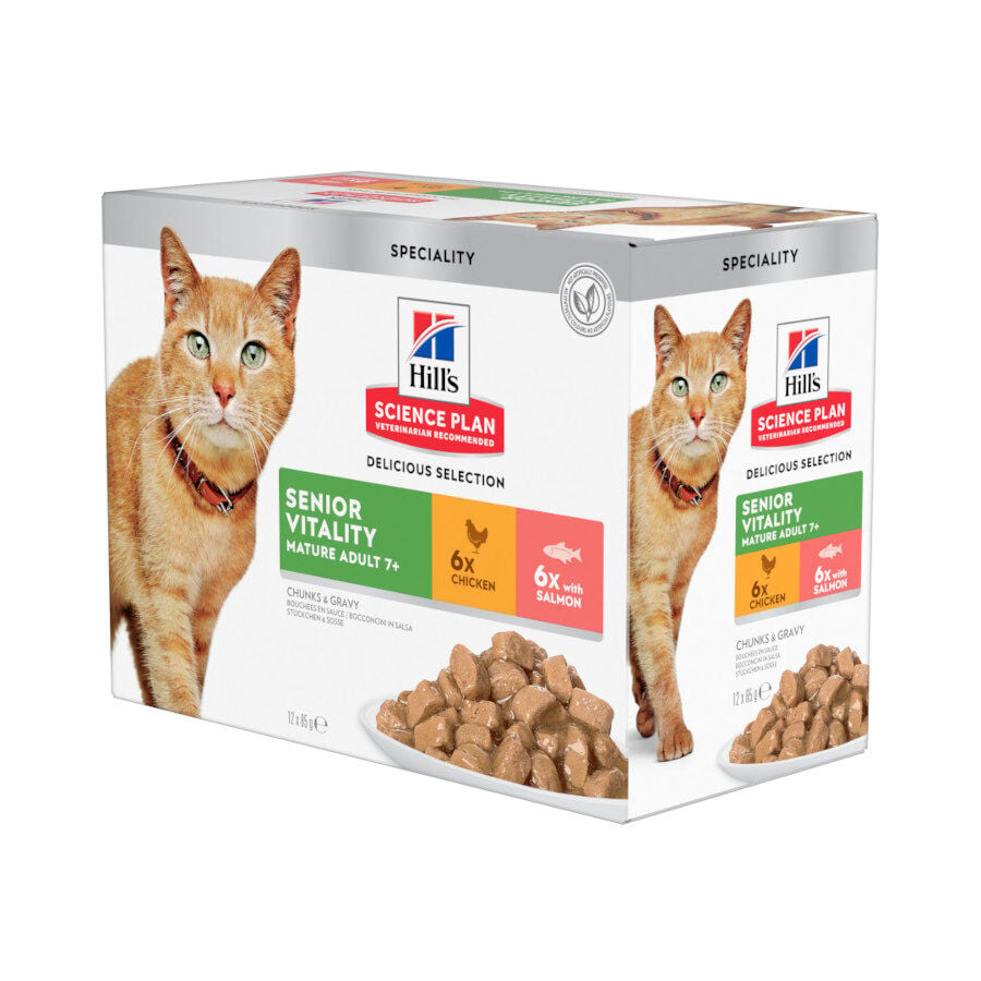 12 sobres x 85 g Hill's Science Plan Senior Vitality Pollo y Salm&oacute;n Sobre en salsa para gatos, , large Imagen numero 1
