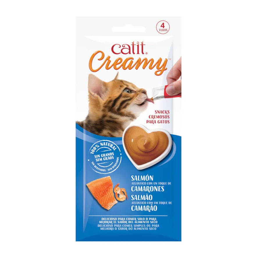 4 sobres x 10 g Catit Creamy Snack L&iacute;quido de Salm&oacute;n con Gambas para gatos, , large Imagen numero 1