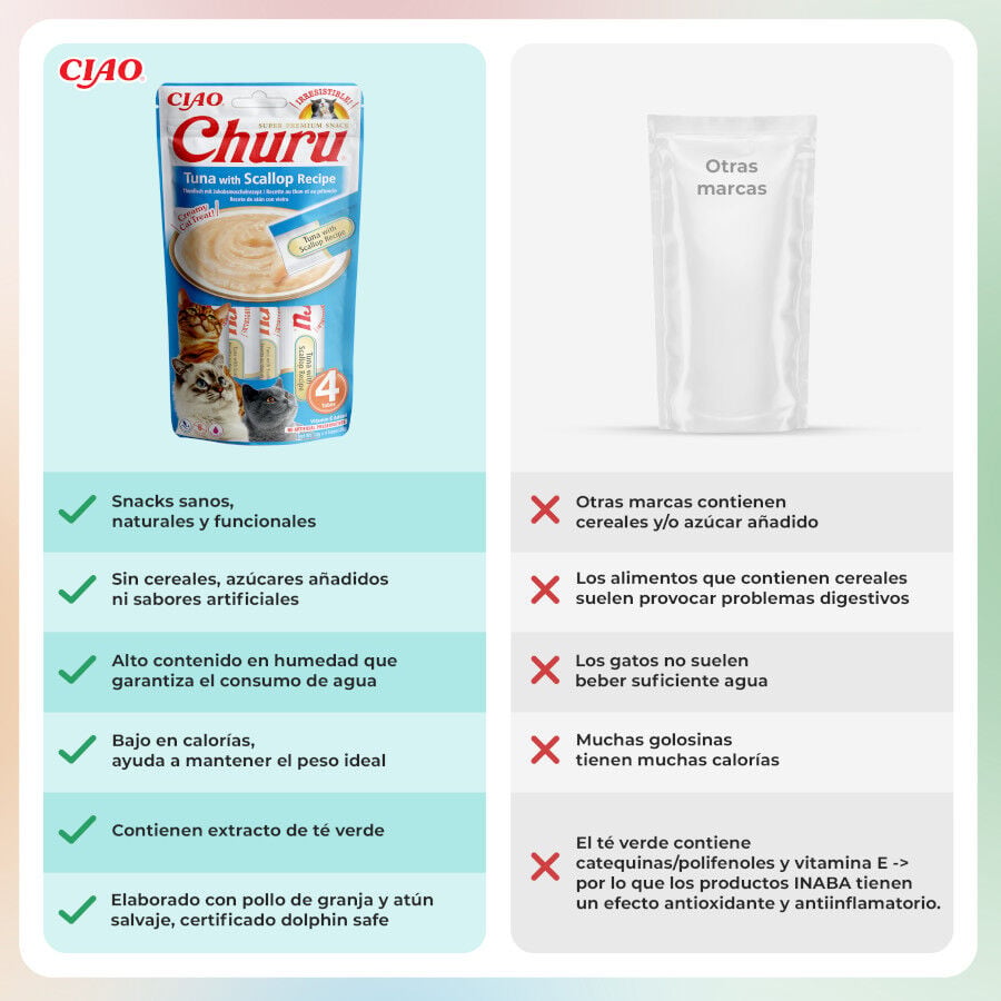 4 sobres x 14 g Churu Snack Cremoso de At&uacute;n con Vieira para gatos, , large indicador imagen numero 3