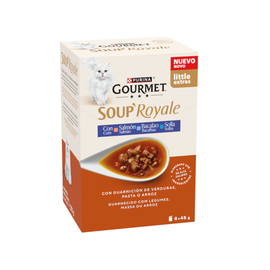 6 sobres x 45 g Purina Gourmet Soup Royale Sopa con Salm&oacute;n, Bacalao y Solla para gatos - Multipack, , large Imagen numero 1