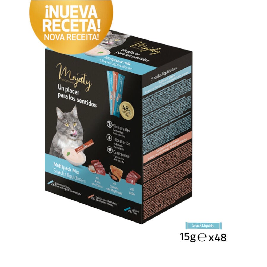 48 sobres x 15 g Majesty Mix Pescado snack l&iacute;quido para gatos, , large indicador imagen numero 2