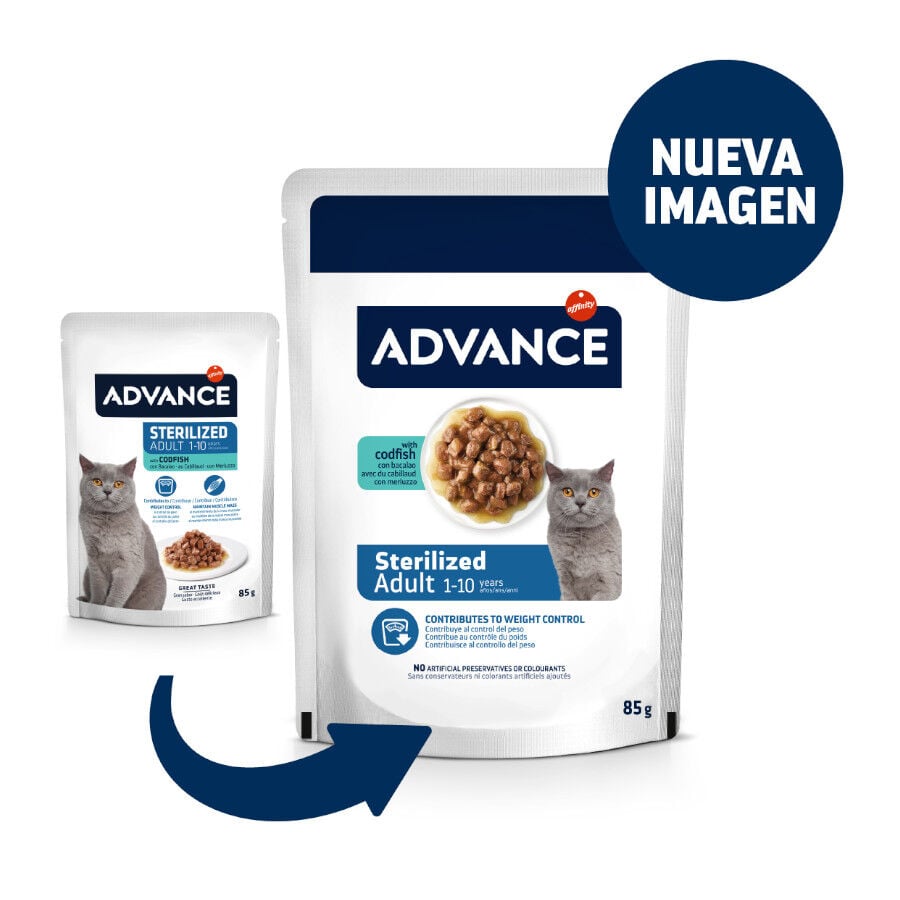 12 sobres x 85 g (9 + 3 &iexcl;gratis!) Advance Sterilized Adult Bacalao sobres para gatos, , large Imagen numero 2