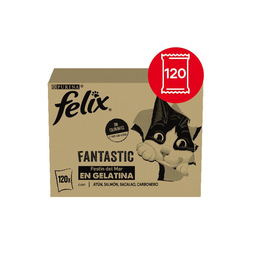 120 sobres x 85 g Felix Fantastic Selecci&oacute;n de Sabores Pescado en Gelatina sobre para gatos - Multipack, , large indicador imagen numero 2