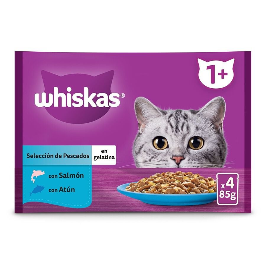 4 sobres x 85 g Whiskas Salm&oacute;n y At&uacute;n Gelatina en Bolsita para Gatos Adultos, , large indicador imagen numero 1