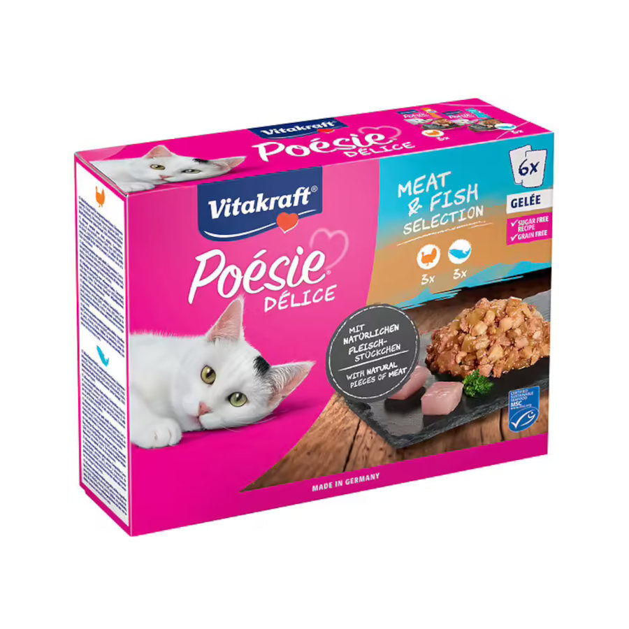 6 sobres x 85 g Vitakraft Po&eacute;sie D&eacute;lice Selecci&oacute;n de Carne y Pescado Sobre en Gelatina para gatos, , large Imagen numero 1