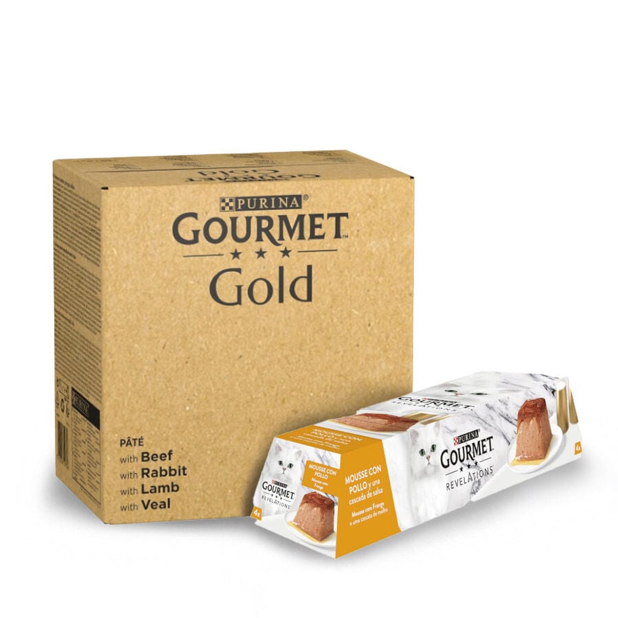 96 latas x 85 g + 24 tarrinas x 57 g Pack Comida H&uacute;meda Mousse Gato Adulto Gourmet, , large Imagen numero 1