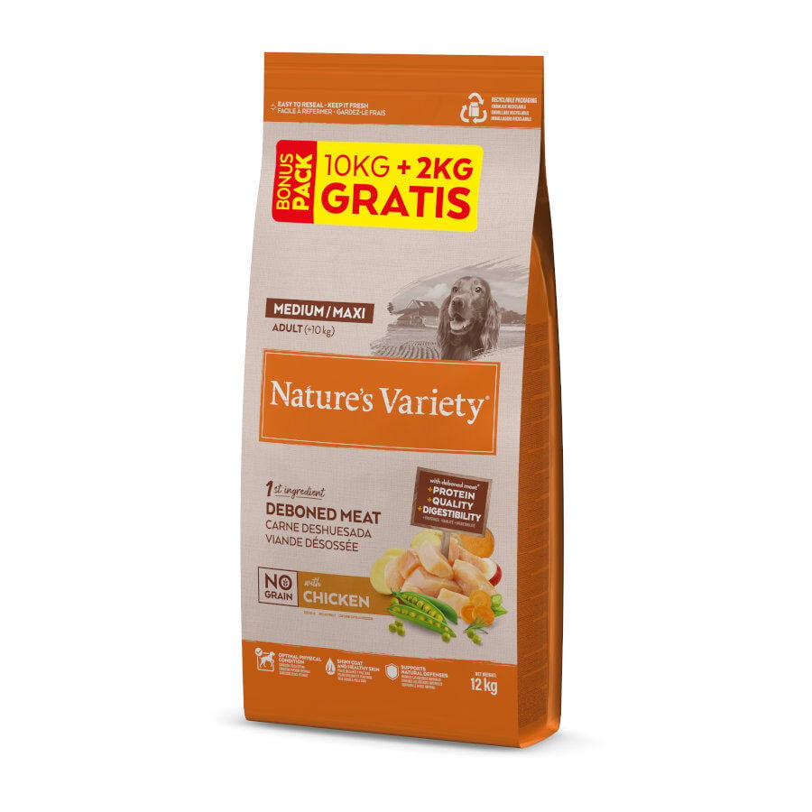 12 kg (10 + 2 kg &iexcl;gratis!) Nature's Variety No Grain Adult Medium Maxi Pollo pienso para perros, , large indicador imagen numero 1