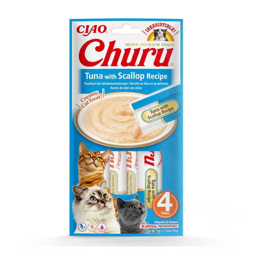 4 sobres x 14 g Churu Snack Cremoso de At&uacute;n con Vieira para gatos, , large Imagen numero 1