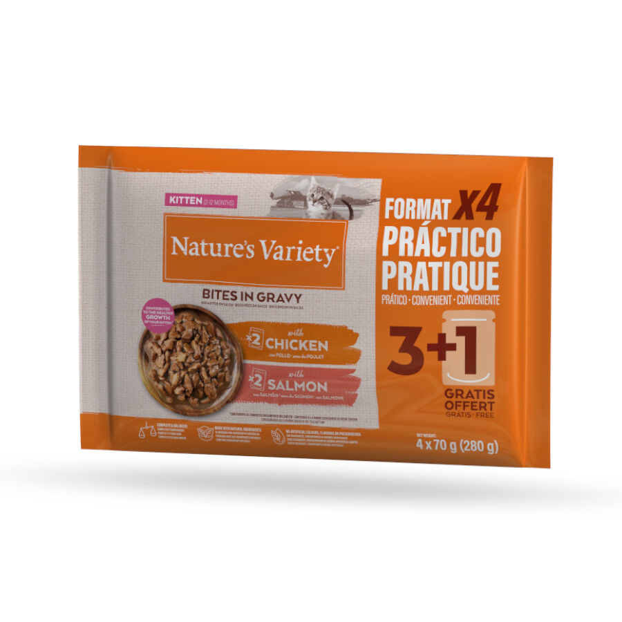 Nature's Variety Kitten Bocaditos de Pollo y Salm&oacute;n Sobre en Salsa para gatos