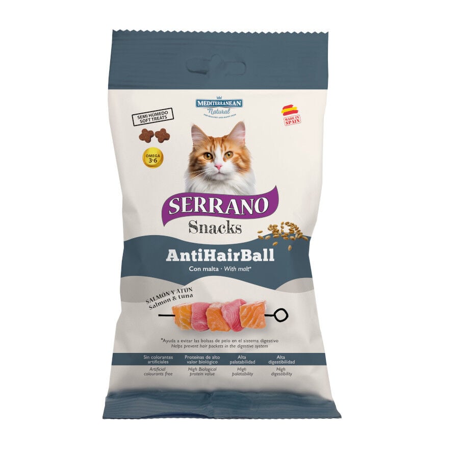 50 g Serrano Bocaditos Anti Hairball de Salm&oacute;n y At&uacute;n para gatos, , large indicador imagen numero 1