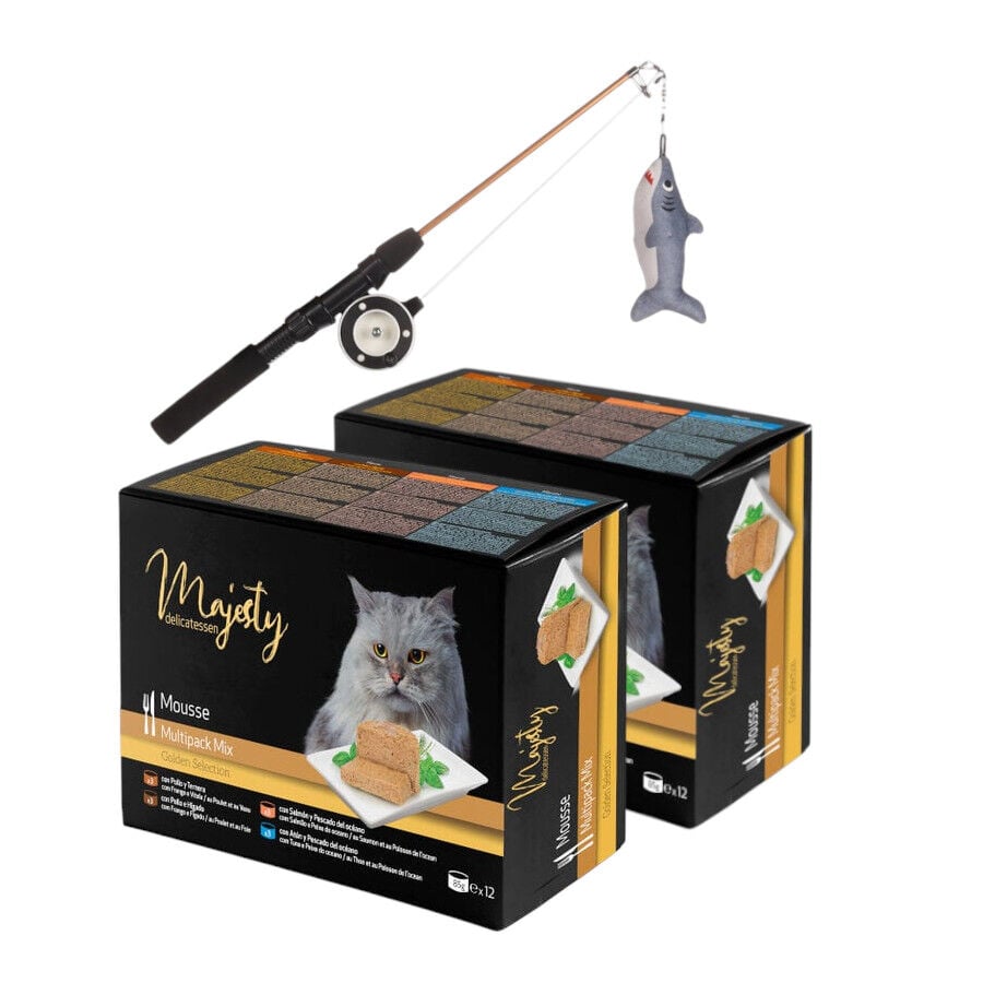 Pack Juguete ca&ntilde;a de pescar Flamingo + 24 latas x 85 g Majesty Adult Mousse Mix para gatos