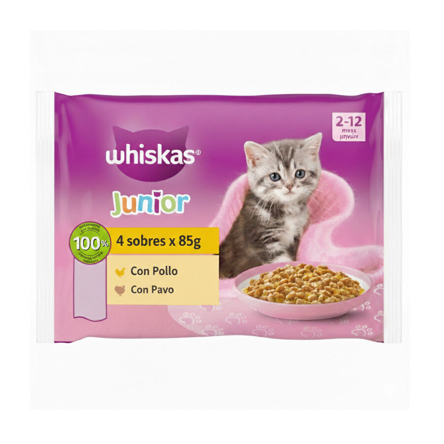 4 sobres x 85 g Whiskas Pure Delight Junior Selecci&oacute;n Aves Gelatina en Bolsita para gatos, , large Imagen numero 1