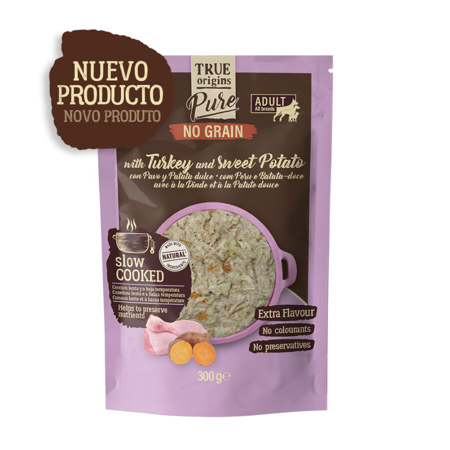 True Origins Pure Adult Gently Cooked Pavo y Patata sobre para perros