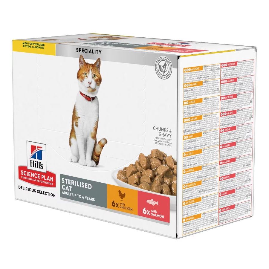 12 sobres x 85 g Hill's Science Plan Sterilised Adult Pollo y Salm&oacute;n en Salsa sobre para gatos, , large indicador imagen numero 1
