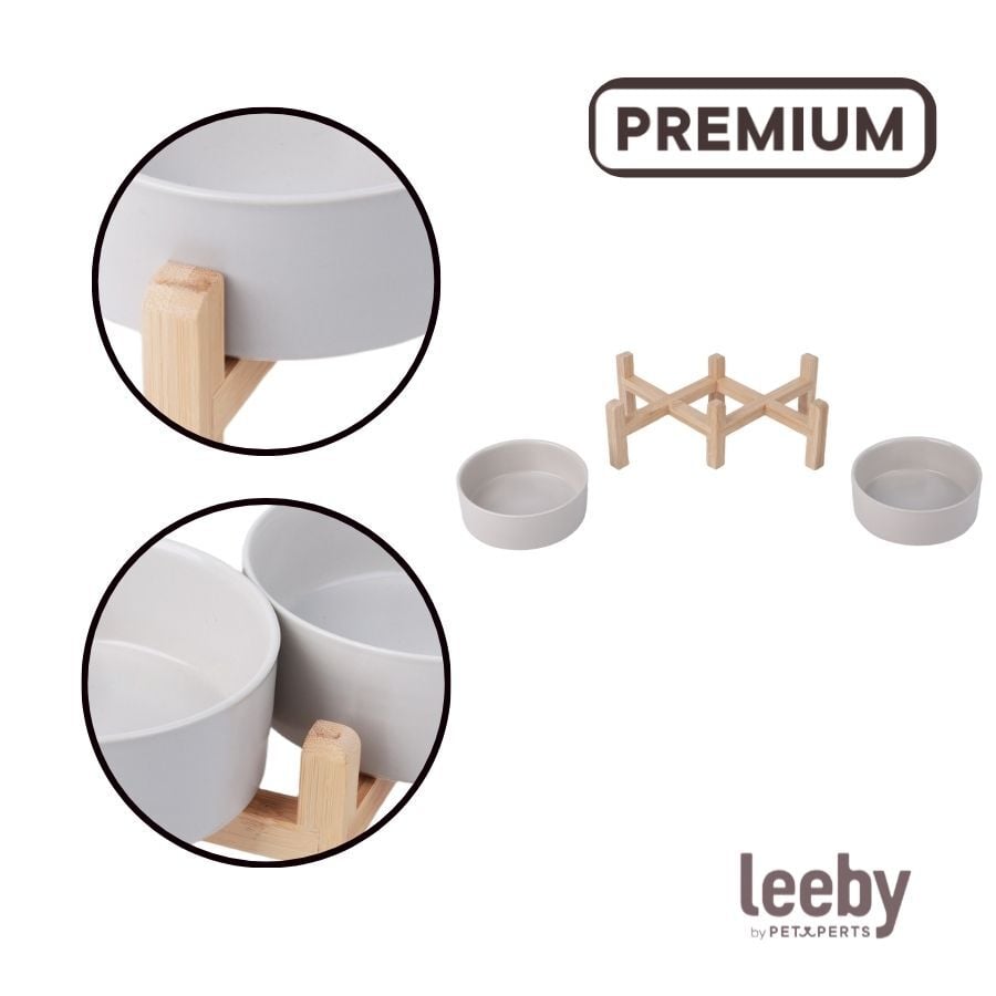 Leeby Comedero Doble de Cer&aacute;mica con Soporte de Madera para perros, , large indicador imagen numero 3