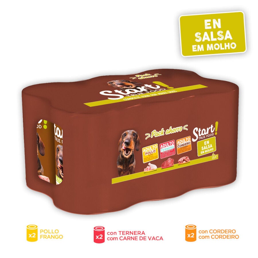Start! Adult Pollo, Ternera y Cordero en Salsa lata para perros &ndash; Multipack