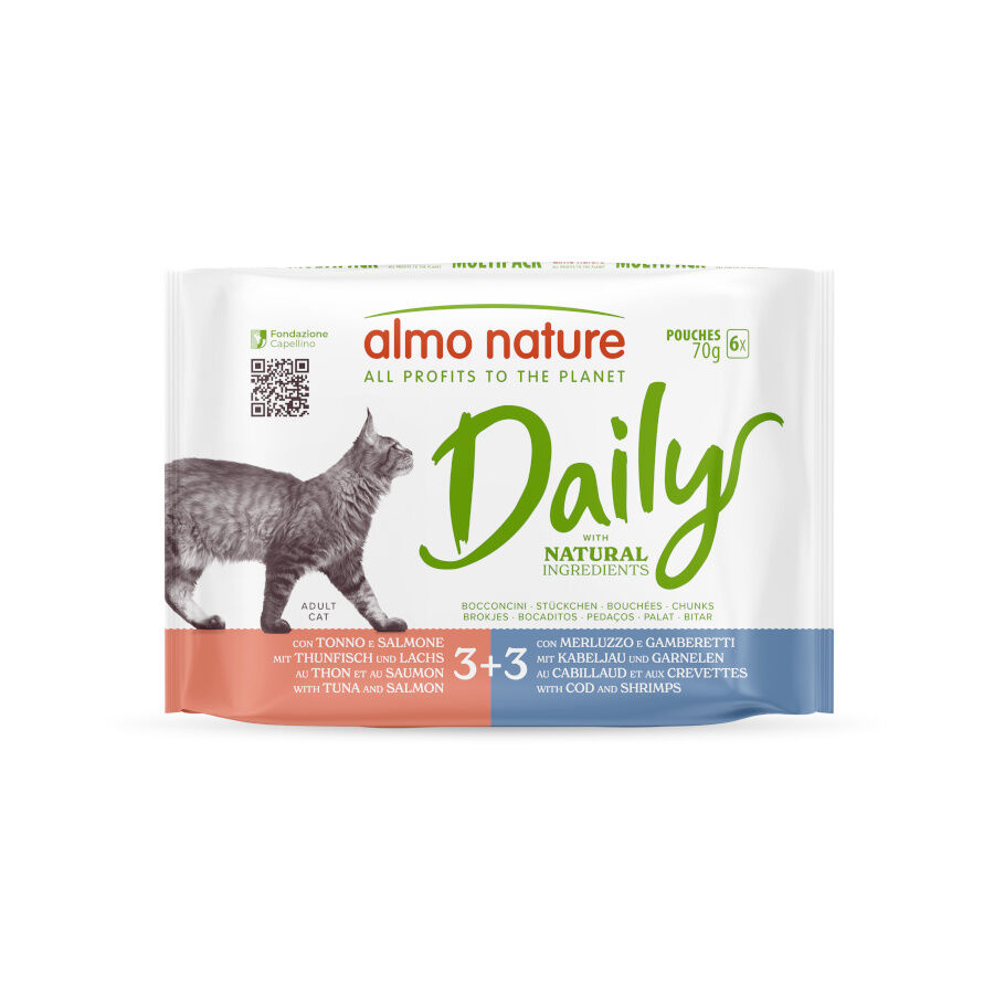 Almo Nature Daily At&uacute;n con Salmon y Bacalao con Camarones sobre para gatos - Multipack