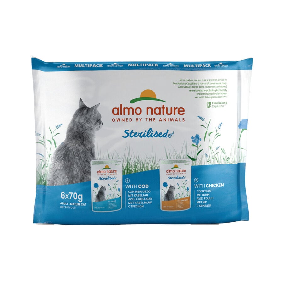 6 sobres x 70 g Almo Nature Sterilised Bacalao y Pollo sobre para gatos - Multipack, , large Imagen numero 1