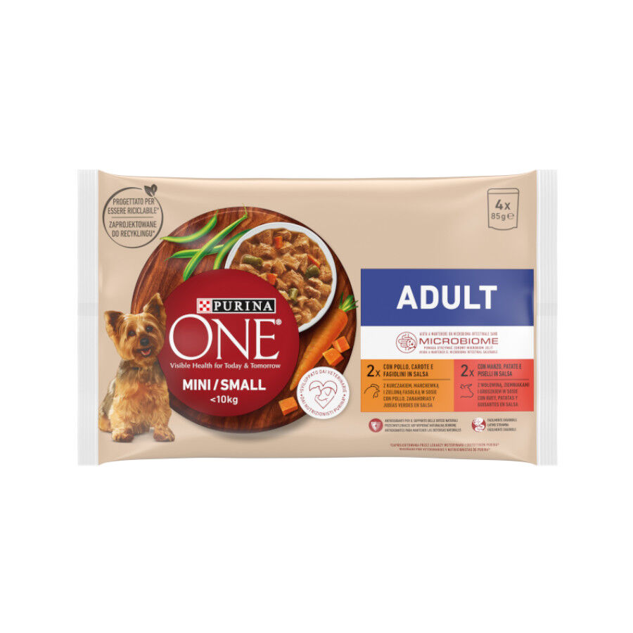 4 sobres x 85 g Purina One Mini Adult Pollo y Buey sobres para perros, , large Imagen numero 1