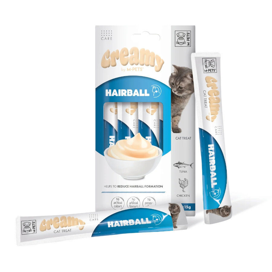 4 sobres x 15 g M-Pets Creamy Bolas de Pelo At&uacute;n y Pollo snack para gatos, , large indicador imagen numero 1