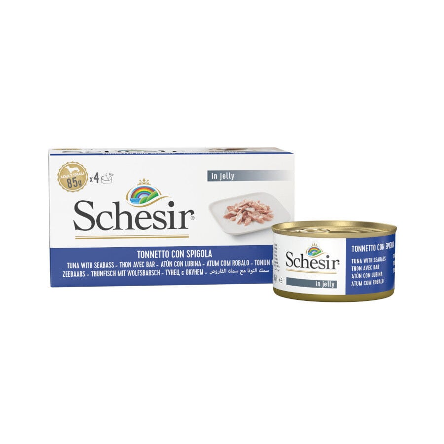 4 latas x 85 g Schesir Filetes de At&uacute;n con Lubina en Gelatina lata para perros, , large Imagen numero 2