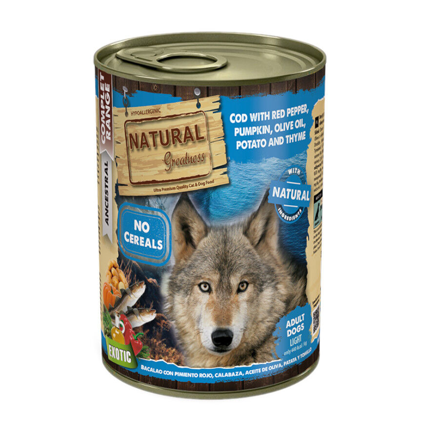390 g Natural Greatness Complet Ancestral Bacalao con Pimiento Rojo y Patatas lata para perros, , large Imagen numero 1