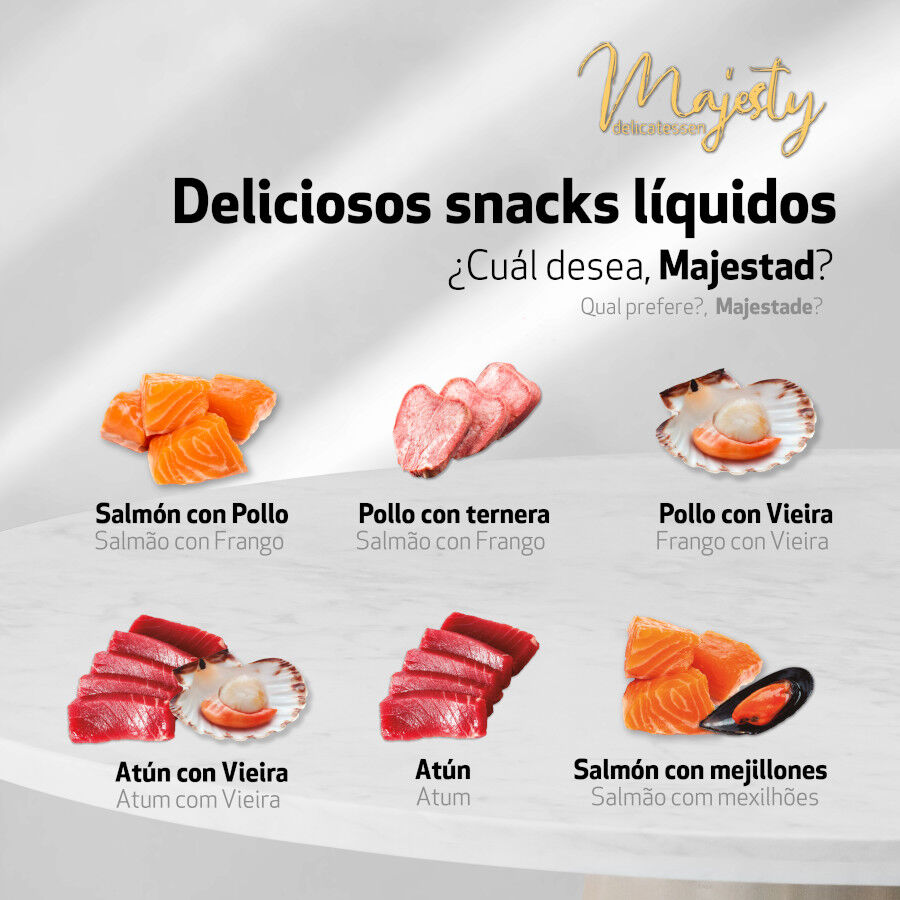 6 sobres x 15 g Majesty Salm&oacute;n con mejillones snack l&iacute;quido para gatos, , large indicador imagen numero 3