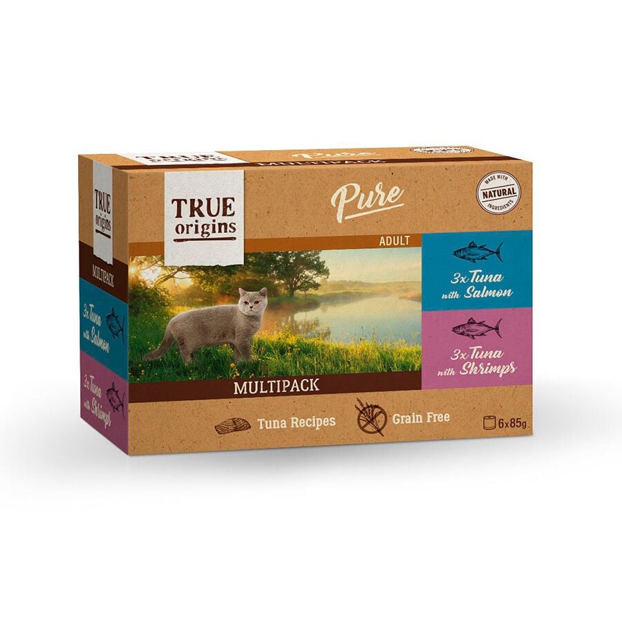 True Origins Pure At&uacute;n con Salm&oacute;n y Gambas lata en salsa para gatos, , large Imagen numero 1