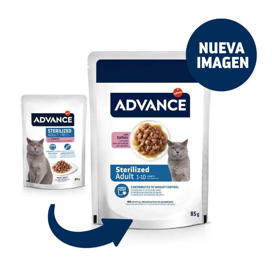 12 sobres x 85 g (9 + 3 &iexcl;gratis!) Advance Adult Sterilized Pavo en salsa sobre para gatos, , large indicador imagen numero 2