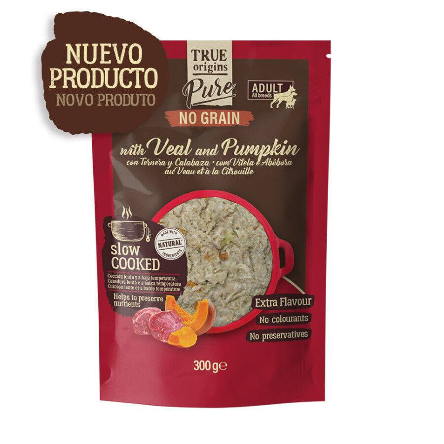 True Origins Pure Adult Gently Coocked Ternera y Calabaza sobre para perros