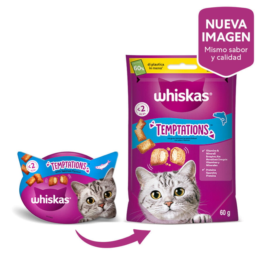 60 g Whiskas Temptations Snacks Salm&oacute;n para Gatos, , large Imagen numero 2