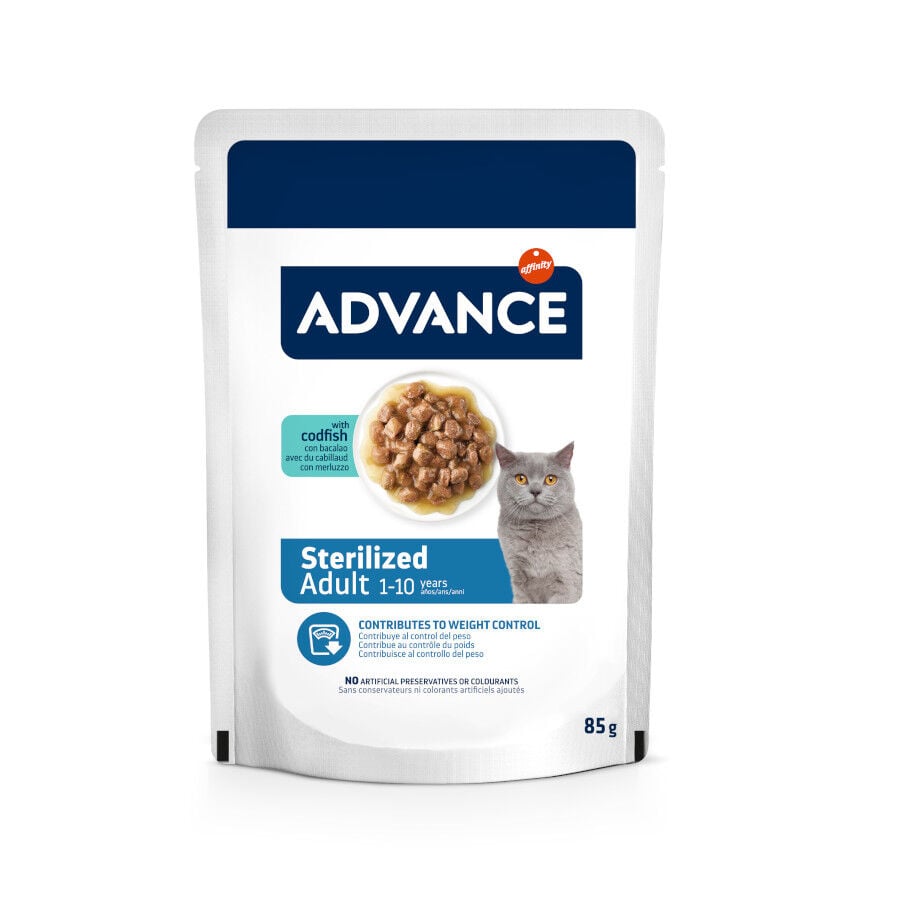 12 sobres x 85 g (9 + 3 &iexcl;gratis!) Advance Sterilized Adult Bacalao sobres para gatos, , large indicador imagen numero 1