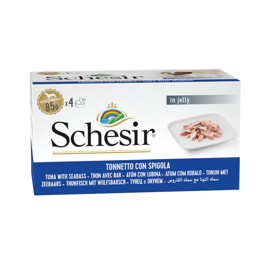 4 latas x 85 g Schesir Filetes de At&uacute;n con Lubina en Gelatina lata para perros, , large Imagen numero 1