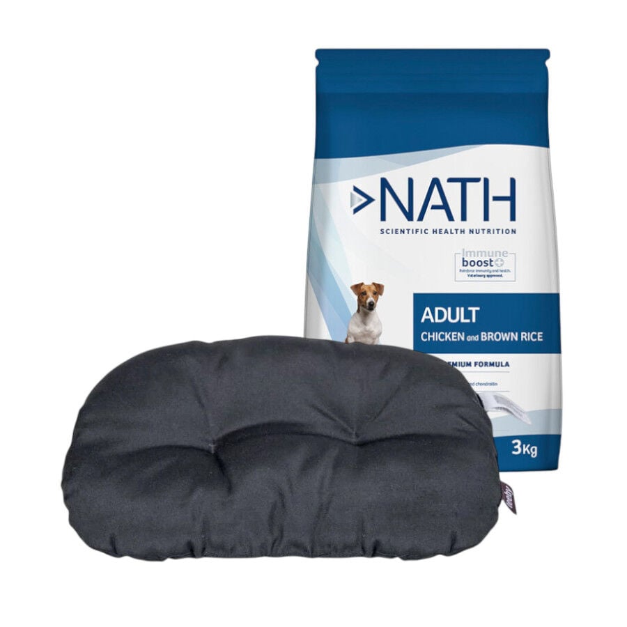 Pack Coj&iacute;n Ovalado Leeby + 3 kg Pienso Nath Adult Mini Pollo para perros