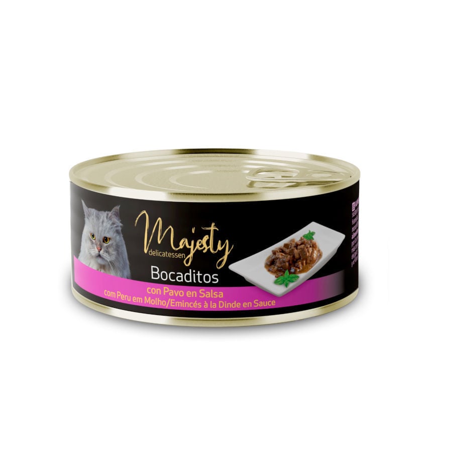 85 g Majesty Adult Bocaditos de Pavo en Salsa lata para gatos, , large Imagen numero 1