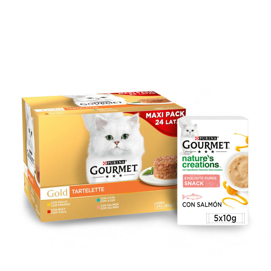 96 latas x 85 g + 15 sobres x 10 g Pack Comida H&uacute;meda Tartelette Gato Adulto Gourmet, , large Imagen numero 1