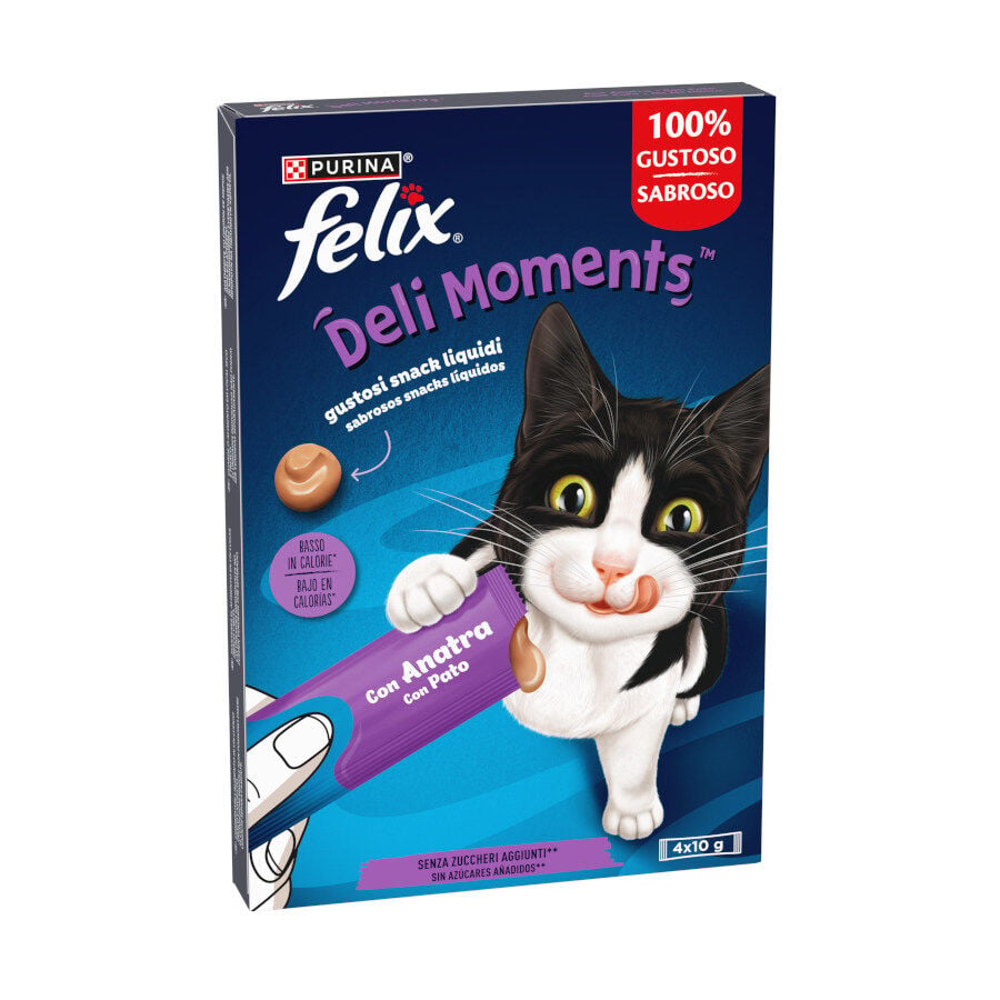 4 sobres x 10 g Purina Felix Deli Moments con Pato Snack l&iacute;quido para gatos, , large indicador imagen numero 1